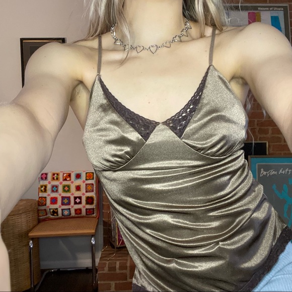 Vintage Y2K Silky Chocolate Lace Detail Cami Spaghetti Strap Tank Xhilar… - Picture 2 of 13